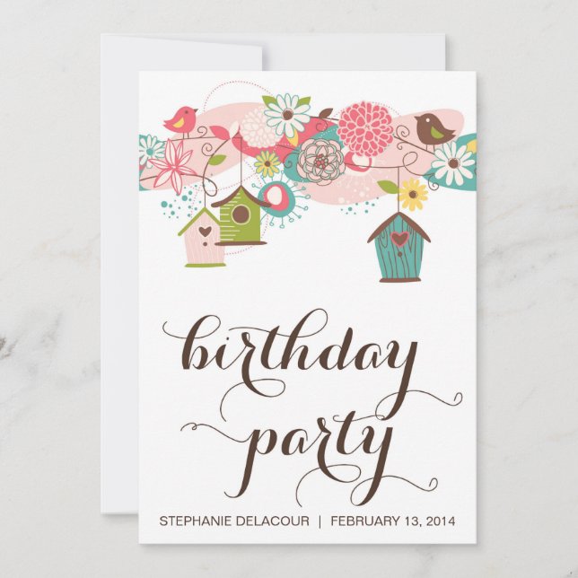 Cute Love Birds & Bird Houses Birthday Invitation (Front)