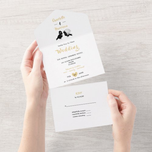 Cute Love Birds Black White Gold Wedding All In On All In One Invitation