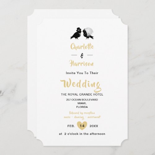 Cute Love Birds Black White Gold Wedding Invitatio Invitation