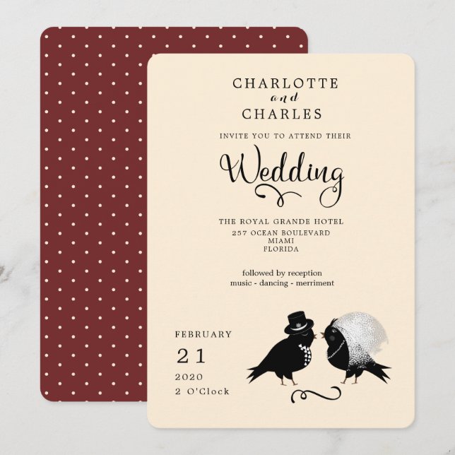 Cute Love Birds Bride And Groom Elegant Invitation (Front/Back)