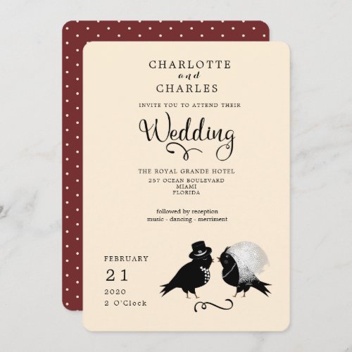 Cute Love Birds Bride And Groom Elegant Invitation