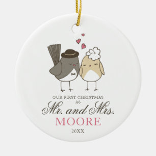 Cute Love Birds Cartoon Mr and Mrs Personalized Ceramic Ornament