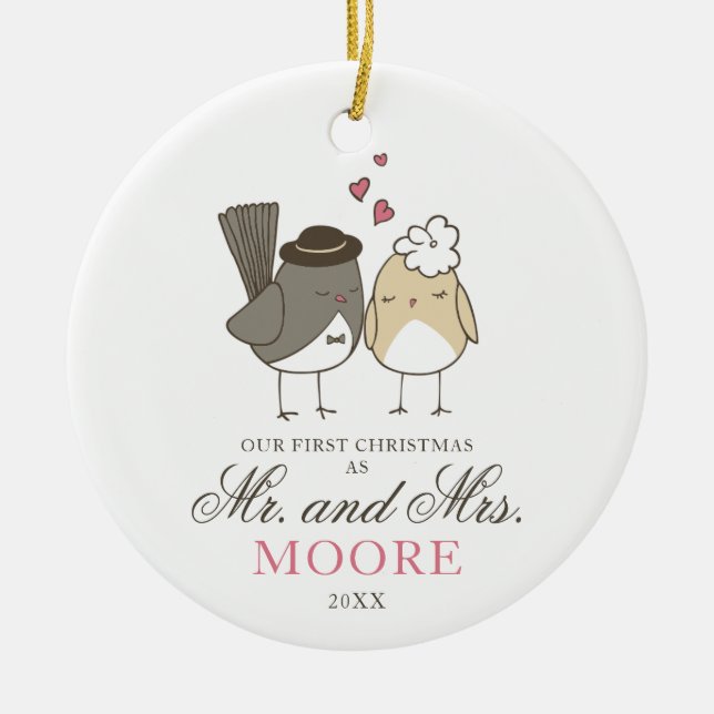 Cute Love Birds Cartoon Mr and Mrs Personalized Ceramic Ornament (Front)
