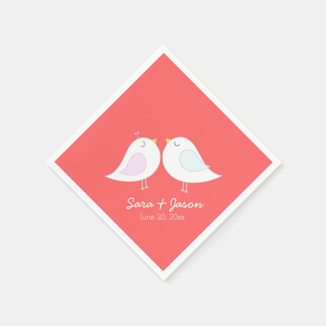 Cute Love Birds Coral Wedding Napkins (Corner)