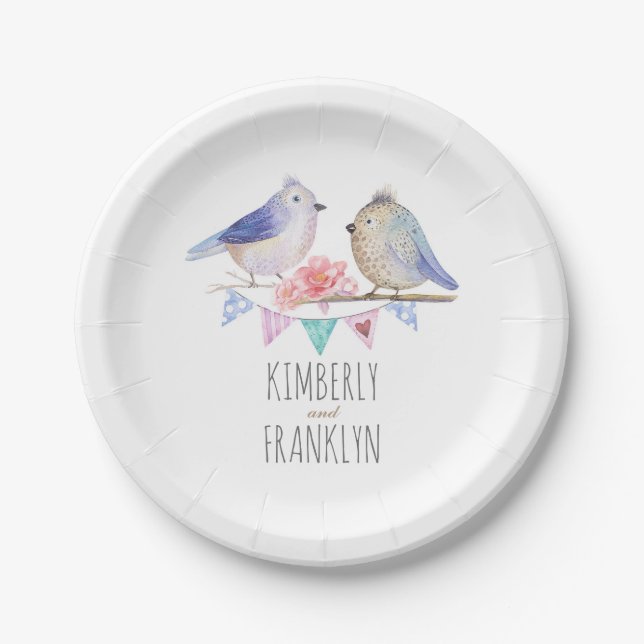 cute love birds couple rustic woodland paper plates (Front)