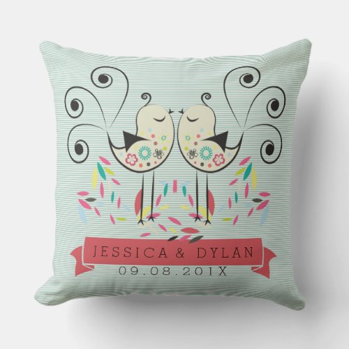 Cute Love Birds Green Stripes Throw Pillow