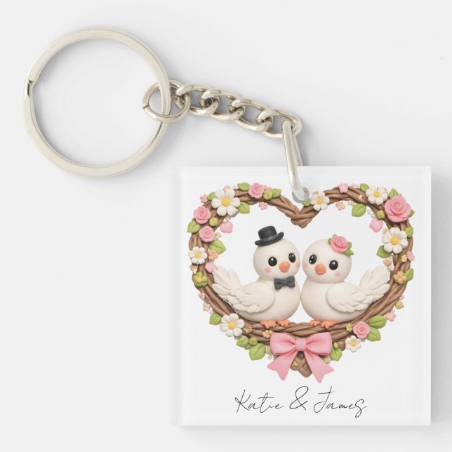 Cute Love Birds in Heart-Shaped Floral Wreath Keychain (Front)