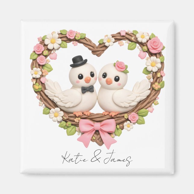 Cute Love Birds in Heart-Shaped Floral Wreath Magnet (Front)