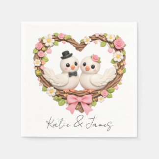 Cute Love Birds in Heart-Shaped Floral Wreath Napkins