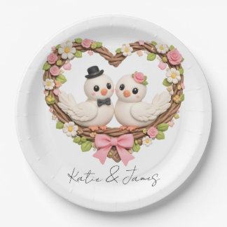 Cute Love Birds in Heart-Shaped Floral Wreath Paper Plates