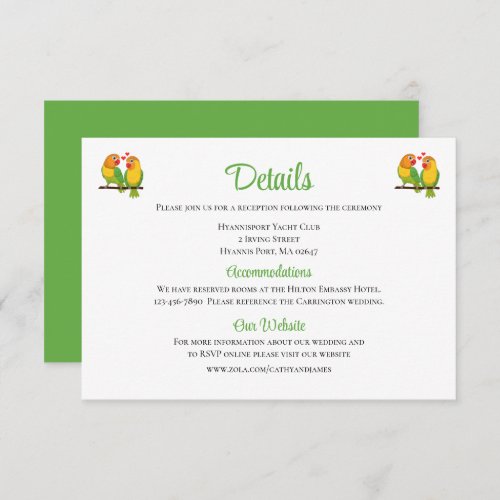  Cute Love Birds Lovebirds Green Wedding Details  Enclosure Card