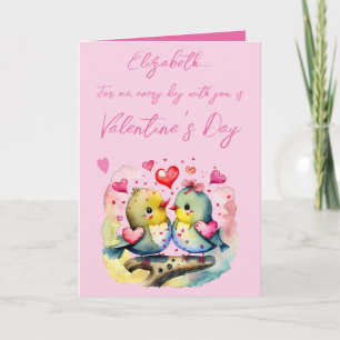 Cute love birds name pink Valentine's Day Card