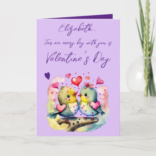 Cute love birds name purple Valentines Day Card