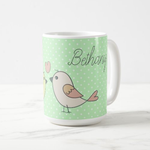 Cute Love Birds on Mint Green Polka Dot Coffee Mug