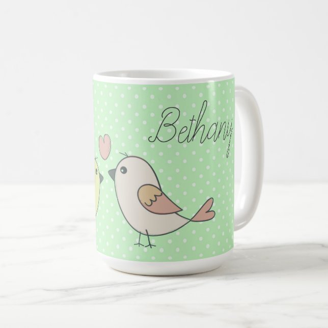 Cute Love Birds on Mint Green Polka Dot Coffee Mug (Front Right)