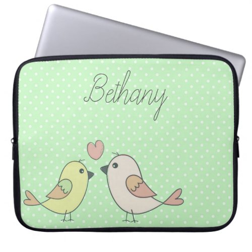 Cute Love Birds on Mint Green Polka Dot Laptop Sleeve