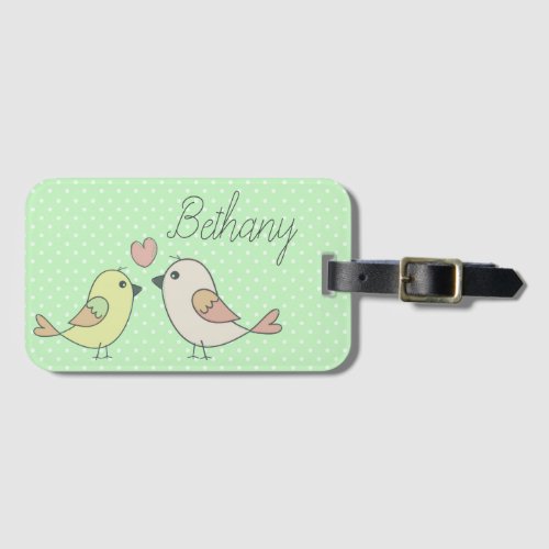 Cute Love Birds on Mint Green Polka Dot Luggage Tag