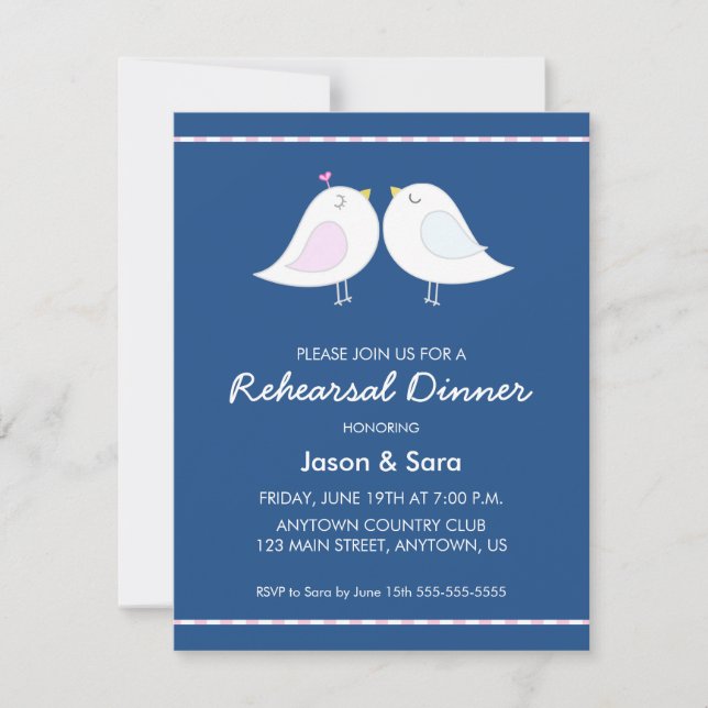 Cute Love Birds on Navy Blue Rehearsal Dinner Invitation (Front)