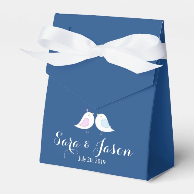 Cute Love Birds on Navy Blue Wedding Favor Boxes (Front Side)
