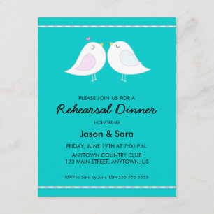 Cute Love Birds on Teal Rehearsal Dinner Invitation