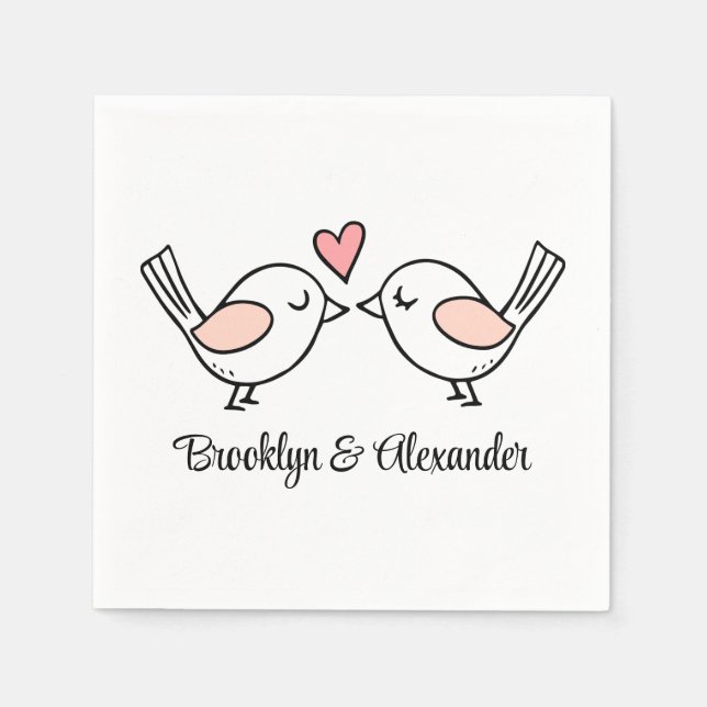 Cute Love Birds Pink Black Lovebird Wedding Napkins (Front)