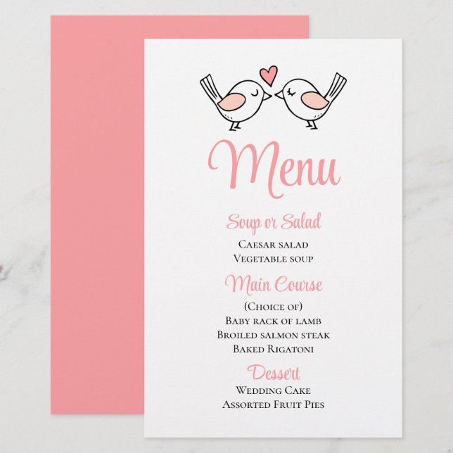 Cute Love Birds Pink Lovebirds Wedding Menu (Front/Back)