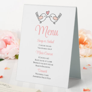 Cute Love Birds Pink Lovebirds Wedding Menu Table Tent