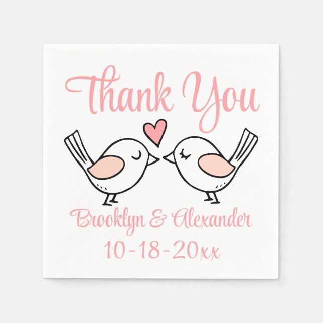 Cute Love Birds Pink Thank You Lovebirds Wedding Napkins (Front)