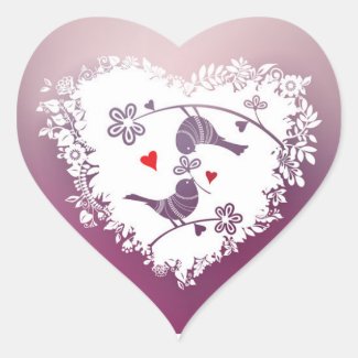 Cute Love BIrds with Purple Hearts Valentine's Day Heart Sticker