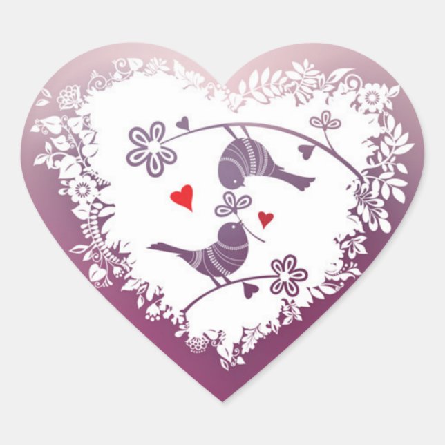 Cute Love BIrds with Purple Hearts Valentine's Day Heart Sticker (Front)