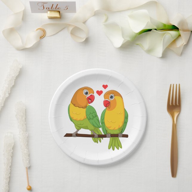 Cute Love Birds Yellow and Green Lovebirds Wedding Paper Plates (Wedding)