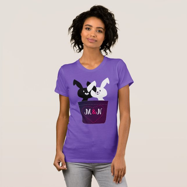 Cute Love Black And White Bunnies With Monogram  T-Shirt (Front Full)