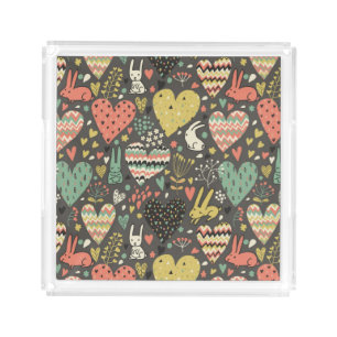 Cute love bunnies pattern with hearts acrylic tray