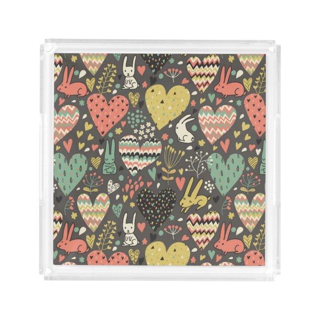 Cute love bunnies pattern with hearts acrylic tray (Front)