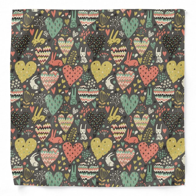 Cute love bunnies pattern with hearts bandana (Front)