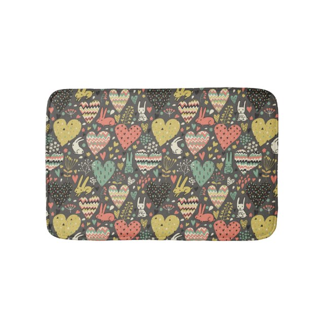 Cute love bunnies pattern with hearts bathroom mat (Front)