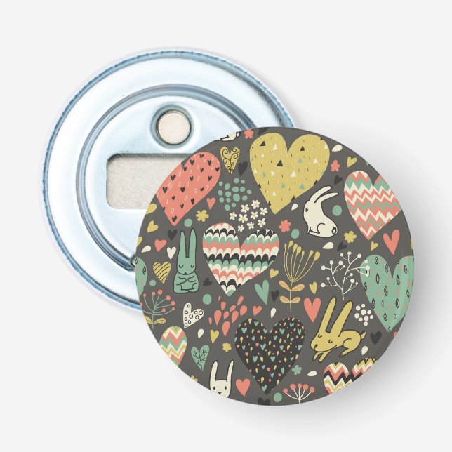 Cute love bunnies pattern with hearts bottle opener (Front)