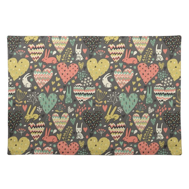 Cute love bunnies pattern with hearts cloth placemat (Front)