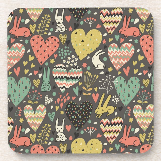 Cute love bunnies pattern with hearts coaster (Front)