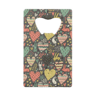 Cute love bunnies pattern with hearts credit card bottle opener