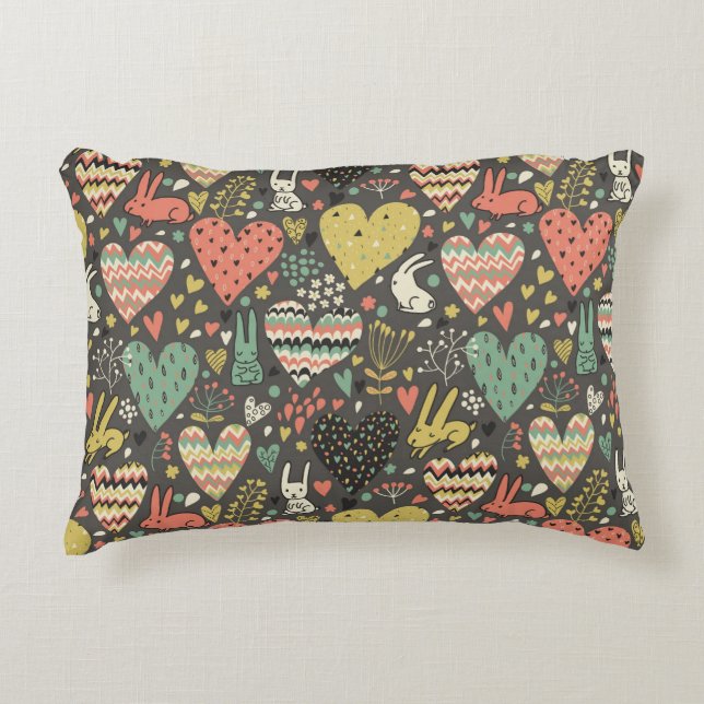 Cute love bunnies pattern with hearts decorative pillow (Front)