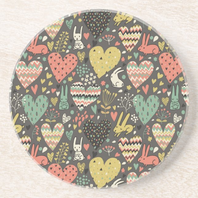 Cute love bunnies pattern with hearts drink coaster (Front)