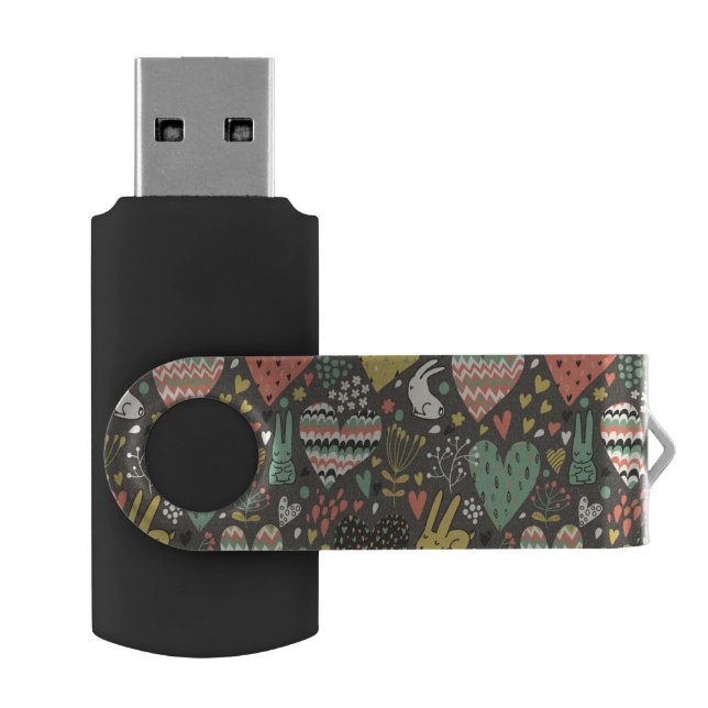 Cute love bunnies pattern with hearts flash drive (Opened)