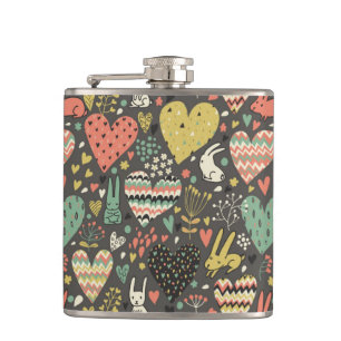 Cute love bunnies pattern with hearts flask