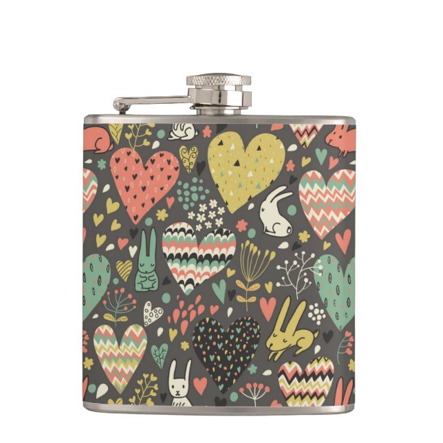 Cute love bunnies pattern with hearts flask (Front)