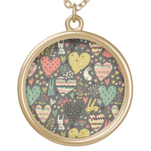Cute love bunnies pattern with hearts gold plated necklace