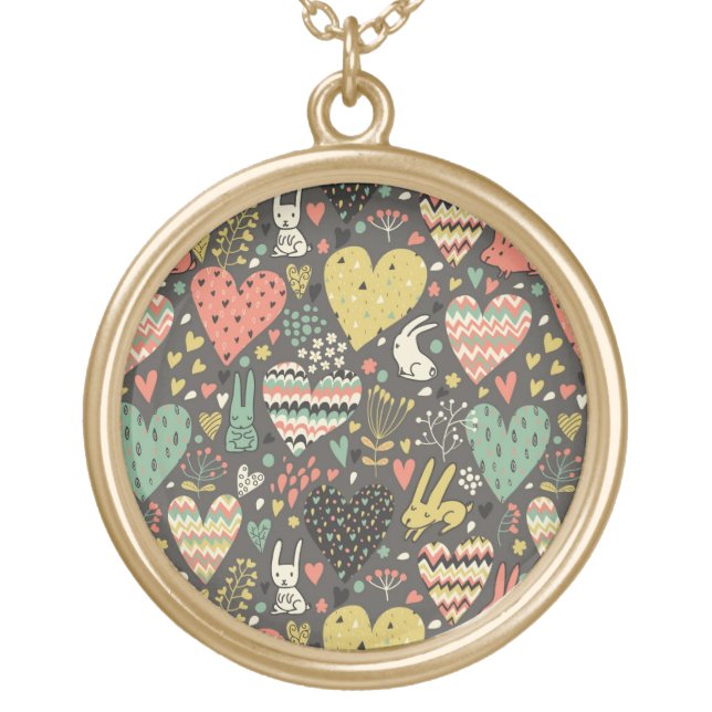 Cute love bunnies pattern with hearts gold plated necklace (Front)