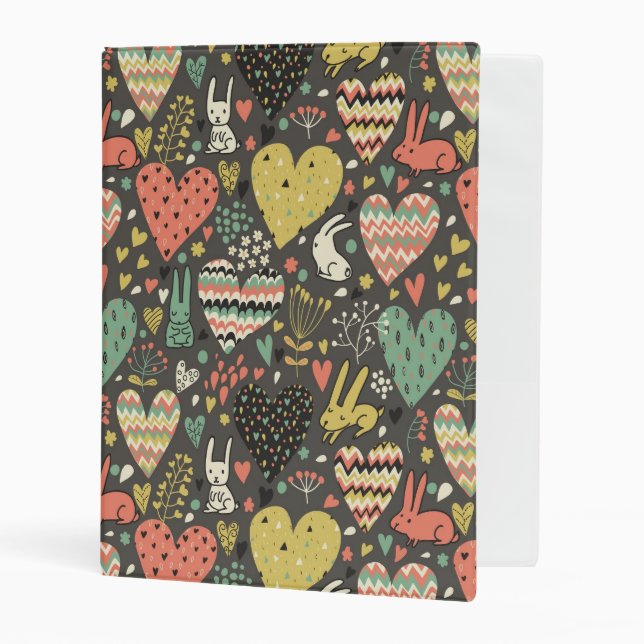 Cute love bunnies pattern with hearts mini binder (Front/Inside)