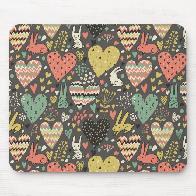 Cute love bunnies pattern with hearts mouse pad (Front)