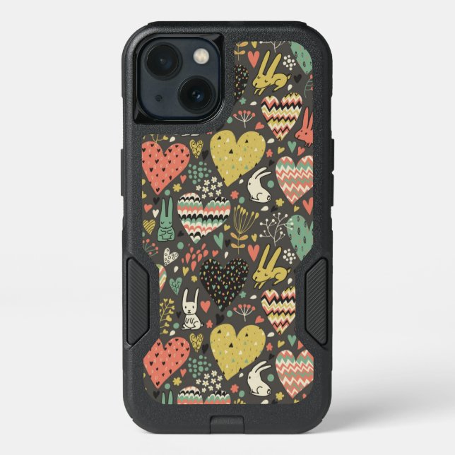 Cute love bunnies pattern with hearts otterbox iPhone case (Back)
